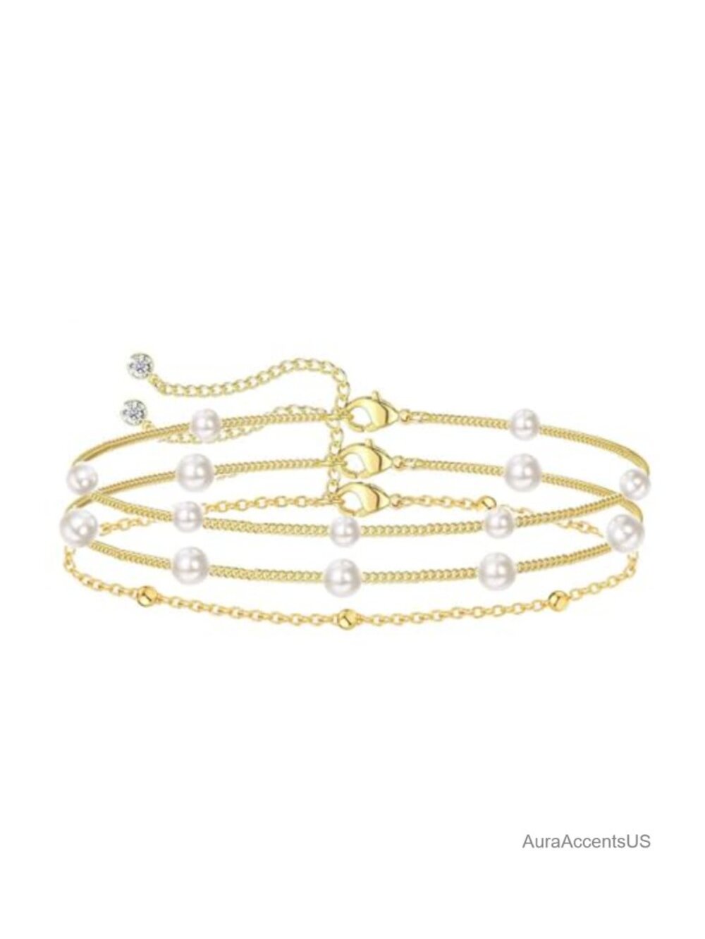 Dainty Layered Pearl Bracelet 14K Gold Plated Non Tarnish Adjustable Charm